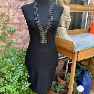 Sky Bandage Black Mini Dress with Jeweled Halter Neck Size S